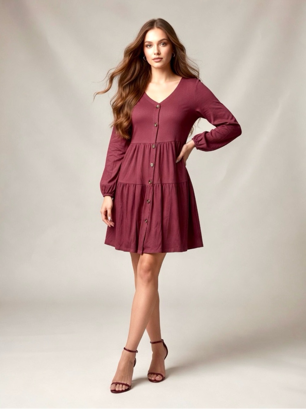 AIFER Tiered Button-Down Dress in a Gorgeous rich burgundy/wine red color Size M